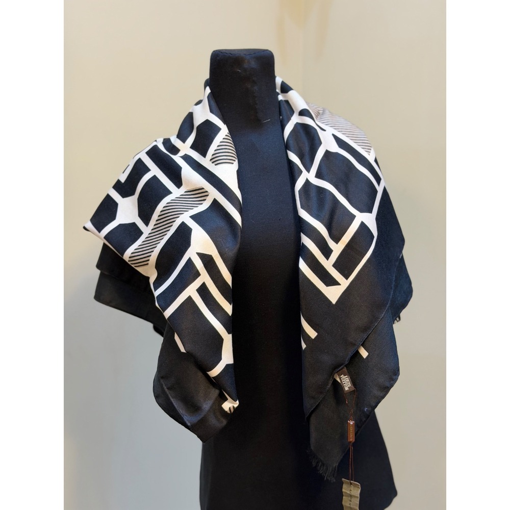 Louis Vuitton Silk Scarf Black White Geometric Maze Pattern Made in Italy